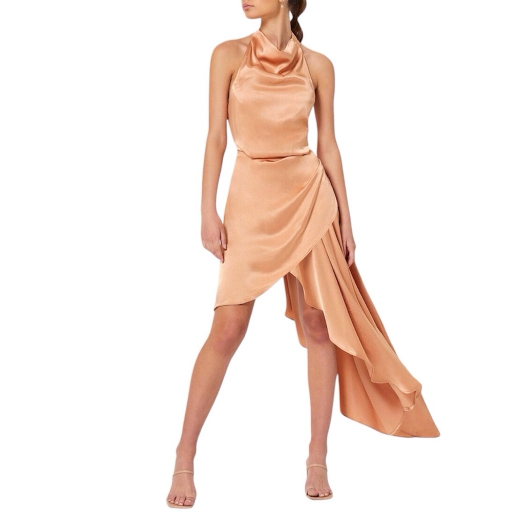 ELLIATT Asymmetric Halter Dress In Camel Lambent High Low Satin Size Small